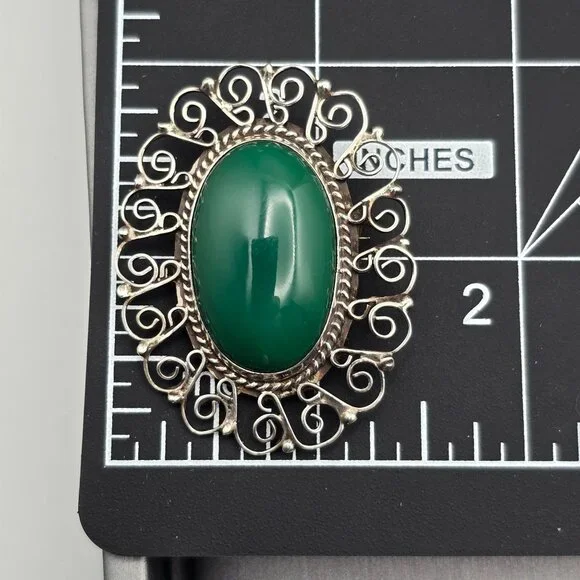 VTG EME 83 Sterling Silver 925 Green Onyx Filigree Brooch Pendant 2" Mexico - Picture 9 of 9